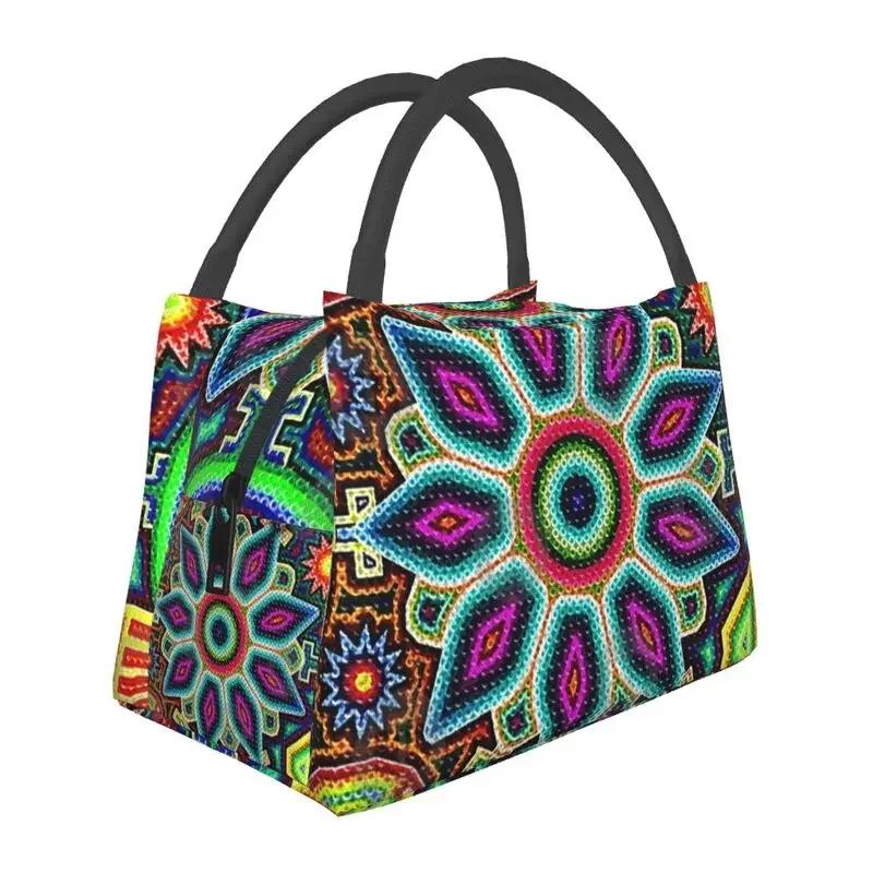 Huichol Traditional Native Thermal Insulated Lunch Bag Women Shamanic Ceremony Folk Art Portable Lunch Tote Meal Food Box