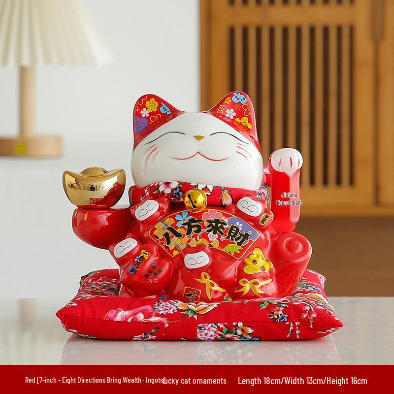 Electric Waving Lucky Cat Ceramic Ornament for Home, Living Room, Shop, or Cashier Desk.
