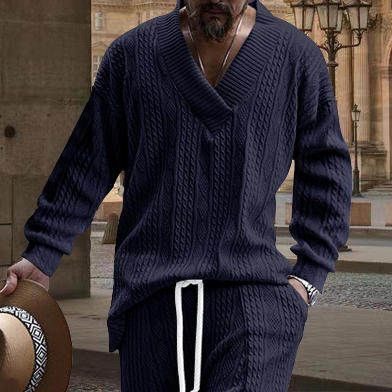 Autumn Winter Cross Border Casual Jacquard Knitwear Men's Spring and Autumn Loose Long Sleeve T-Shirt Men's V-Neck Pullover Tops