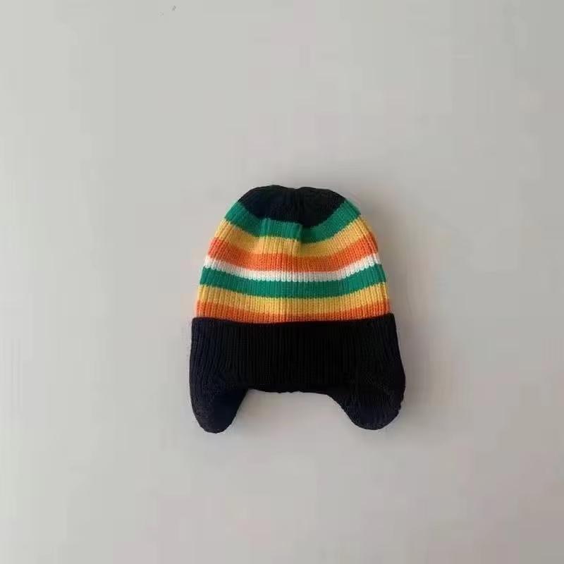 Winter Baby Knit Hat Korean Striped Rainbow Beanie Cap for Toddler Boys Girls Colorful Kids Warm Ear Protection Caps Bonnet