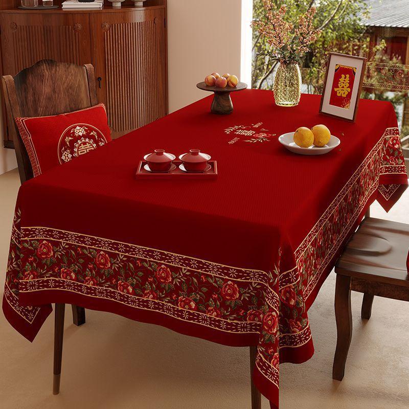 Elegant Red Wedding Tablecloth Rectangular Velvet Waterproof Decorative Dining Table Cover Banquet Celebration
