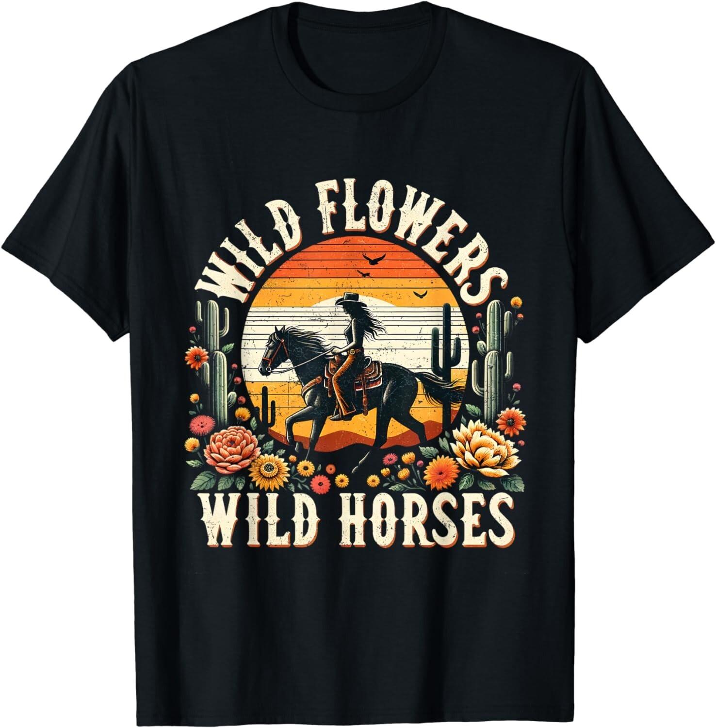 Sunset Cowgirl Riding Horse Wild Flowers - Wild Horses Gift Unisex T-Shirt S