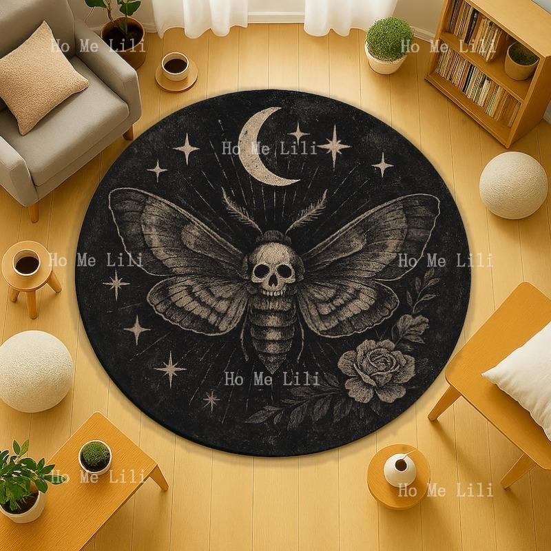 Gothic Death Moth Rug With Moon And Skull Design Witchy Round Carpet Occult Room Decor Dark Aesthetic Floor Mat For Spiritual