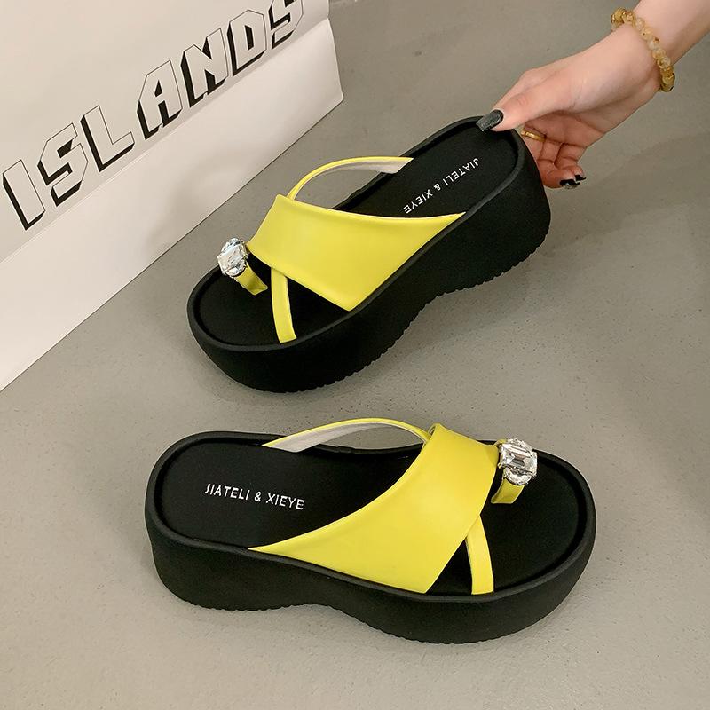 

Fashion sandals women s summer new rhinestone toe slippers women s thick bottom heightening casual one-word drag 40 жёлтый