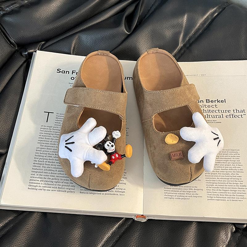 Fashion Retro Cartoon Mickey One-word Drag Buckle with Flat-bottomed Slippers Women's Autumn Bag Head Drag Women's Casual Cool Slippers
