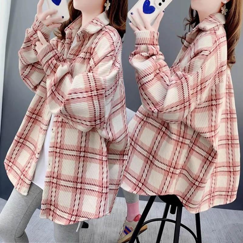 Shirt Jacket Women Plaid Large Size Loose Long-sleeved Versatile Buttons Jacket