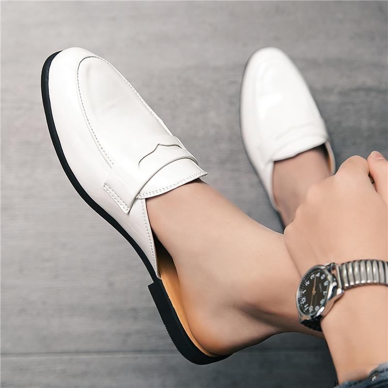 Fashion New Men's Black White Half Slippers Penny Loafers Casual Patent Leather Mules Moccasins Breathable Slip On Shoes