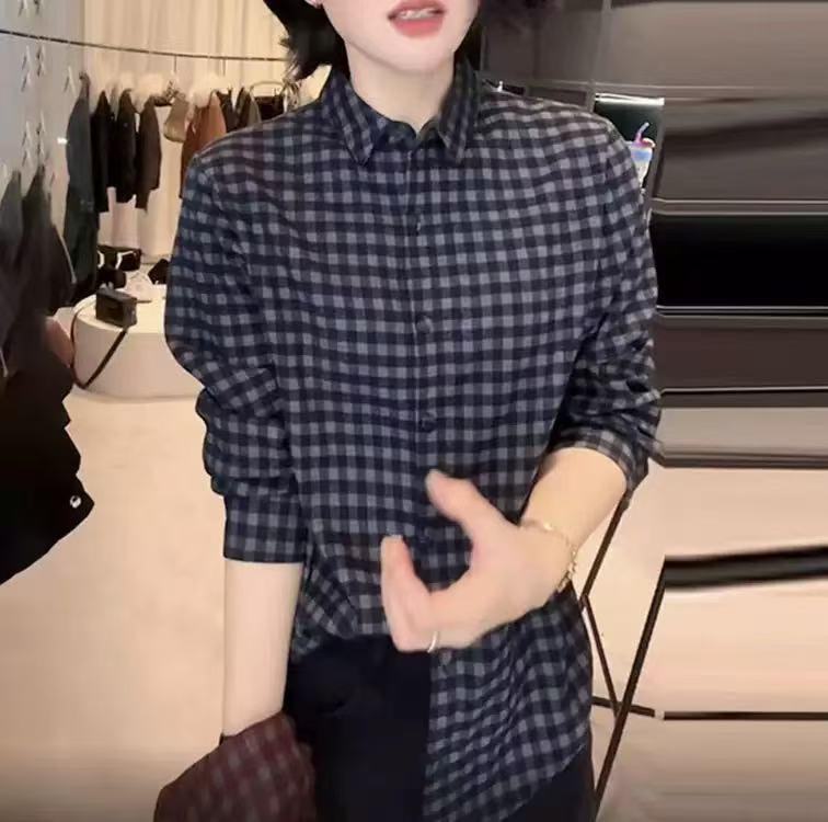 

Women s Slimming Plaid Long Sleeve Shirt - Classic Collar, Age-Reducing Fashion Top 4XL (140-155 jin) синий