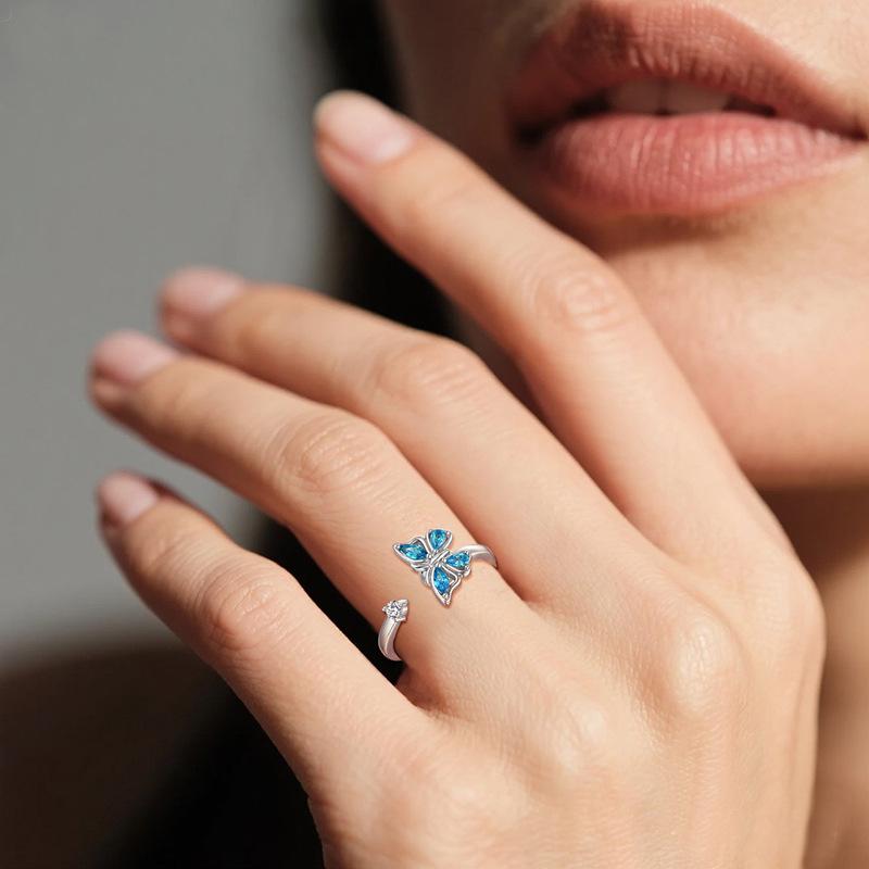 S925 Sterling Silver Rotating Butterfly Open Ring with Colored Zirconia for Women