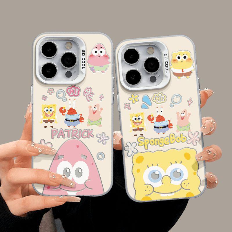 Compatible with Apple 16 Pro Max, 14/13/12cm, Happy SpongeBob SquarePants XR, and other high-performance silver anti-drop phone cases.