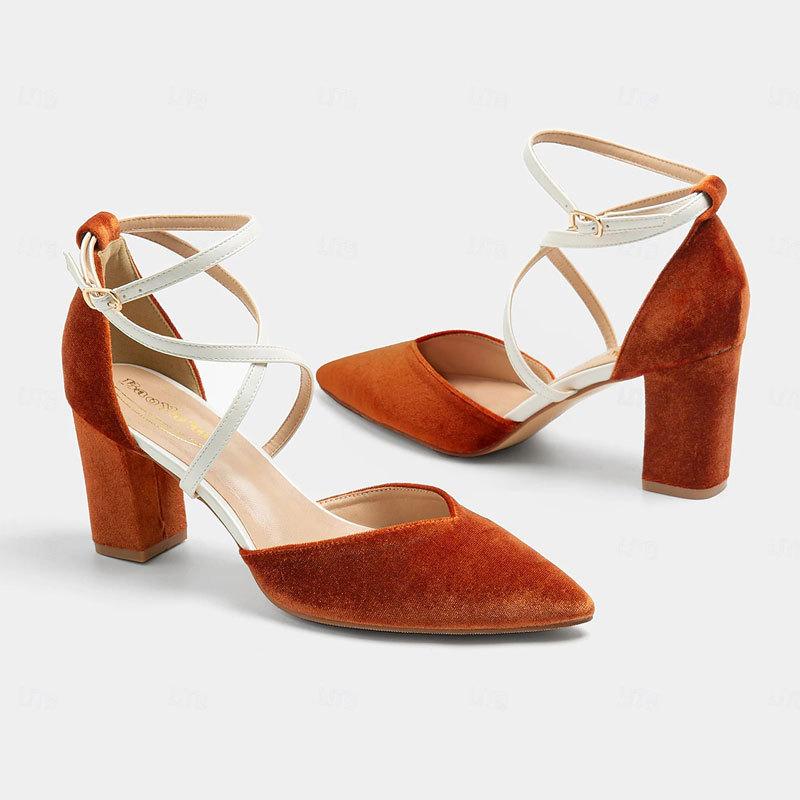 Coarse Heel High Heel Shoes Hong Kong Style Pointed Head Fashion Personality Versatile Golden Velvet Comfortable Niche High Heel Light Mouth Women's