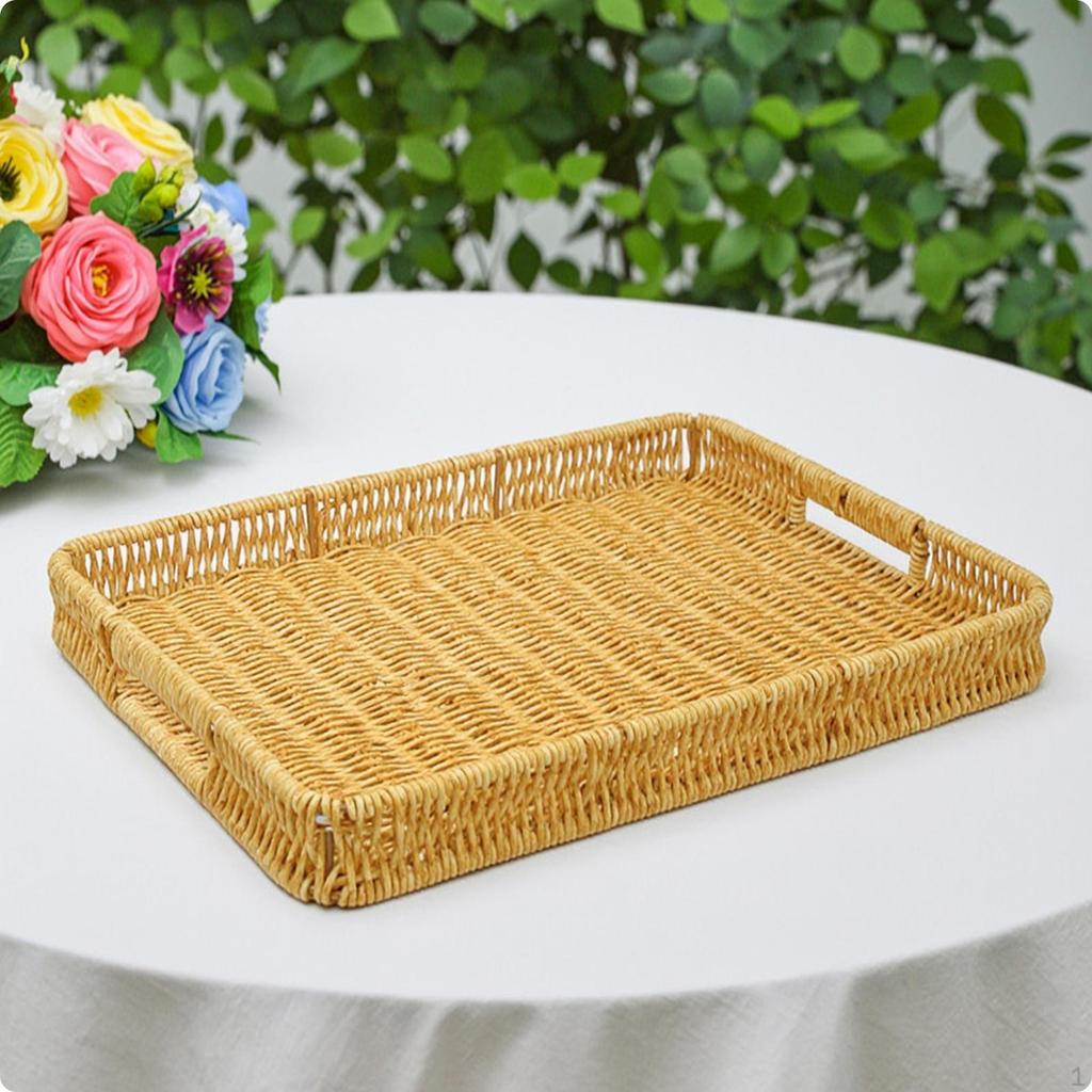 Wicker Serving Basket with Handles Rectangular Tray Shallow Woven Bread