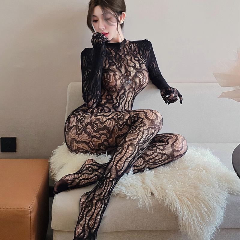 Long Night Sexy Jacquard Bodysuit with Fishnet Stockings