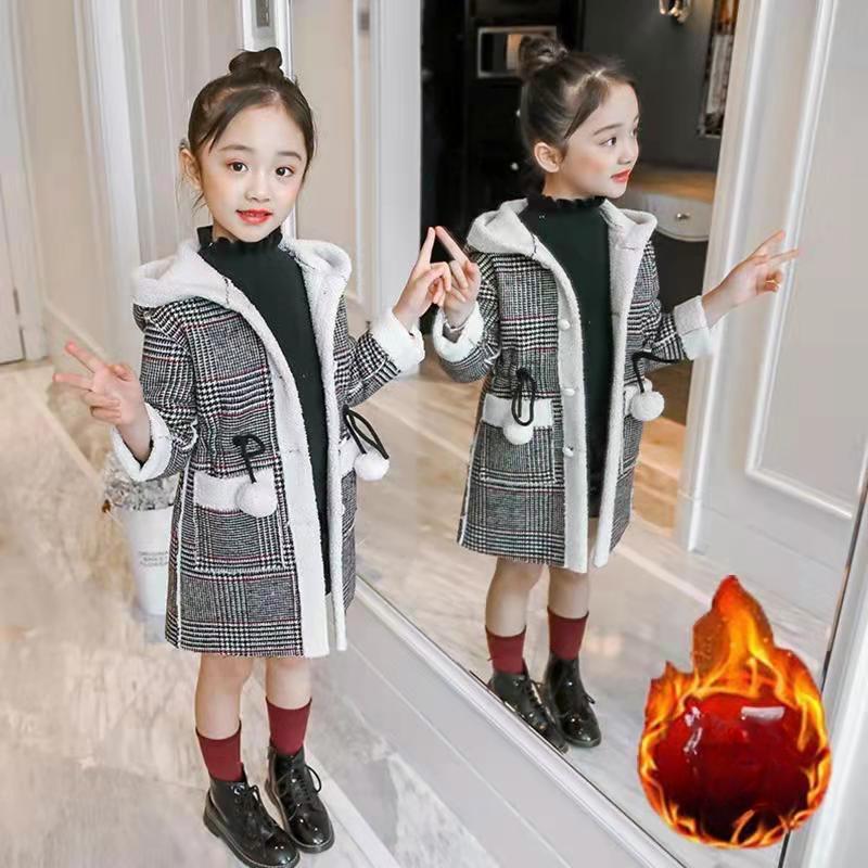 Autumn Winter Parka Girl Hairy Clothes Long Woolen Coat for Kids Outerwear Grid Pattern Padded Warm Clothing
