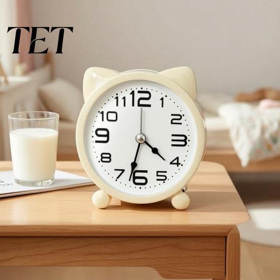 Cat Ear Alarm Clock for Kids, Silent Non-Ticking Metal Analog Bedside Clock, Battery Powered Home Office Desk Decor Small