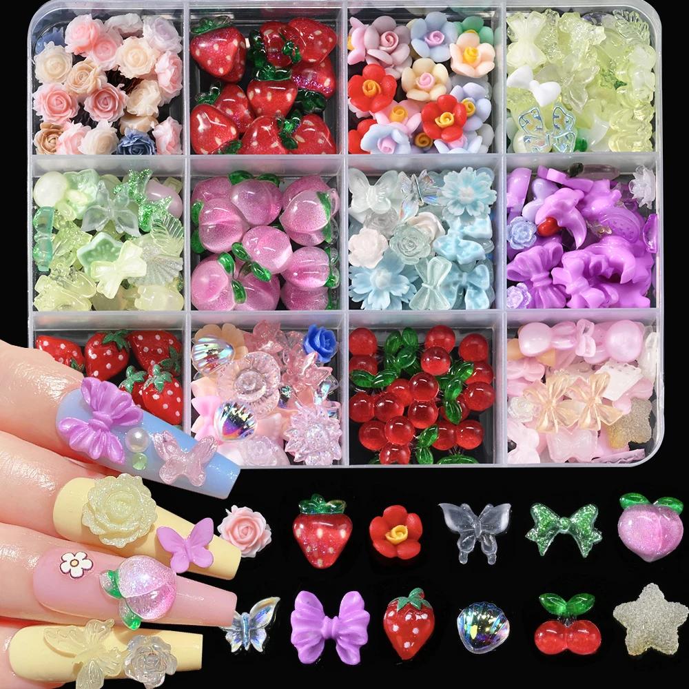 12Grids/Box Mixed Resin Bowknot Nail Charms 3D Colorful Bow Kawaii Rhinestone Nail Art Decorations DIY Manicure Parts Pen Tweeze