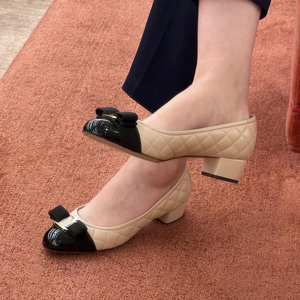 Fei'S Same Low-Heeled Bow Mary Jane Shoes Light Mouth Round Head Grid Color Matching Single Shoes Women'S Thick Heel