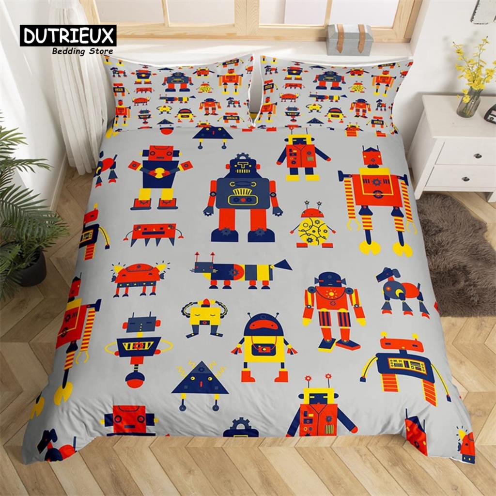 Robot Duvet Cover Set Cartoon Space Robot Bedding Set Patchwork Transformer Futuristic Machine Comforter Cover Twin Full For Boy