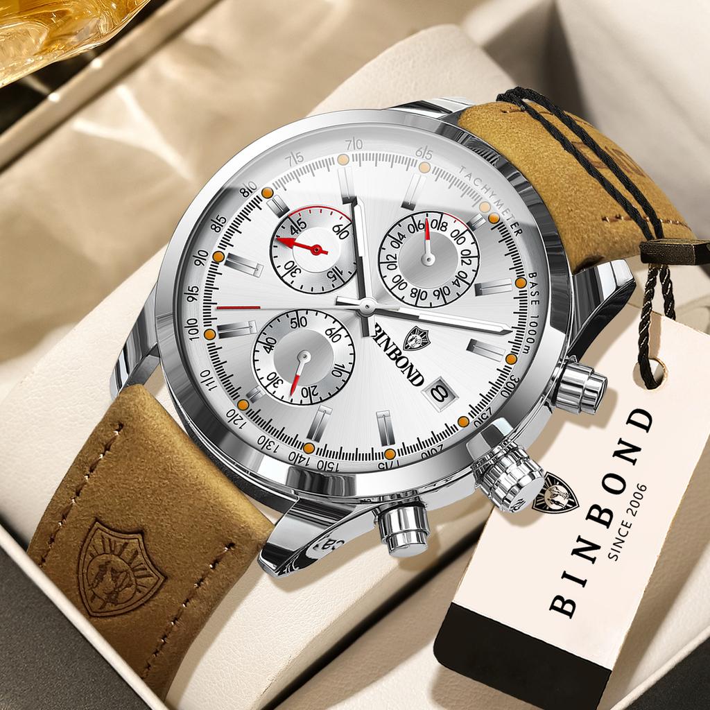 BINBOND Original Brand Quartz Wristwatches for Men Luxury Luminous Waterproof Auto Date Chronograph Men's Watch Leather Reloj