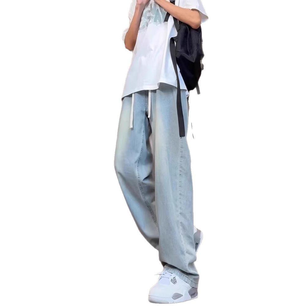 Light Blue Ice Silk Jeans Men's Thin Summer Straight Teen Pants Extended Tall Drawstring Wide-leg Pants
