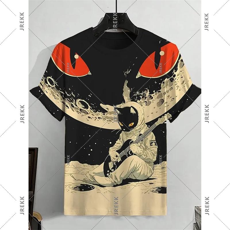 Summer Round Neck 3D Humour Cat Print Top Fashionable Casual Short Sleeved Men's T-shirts