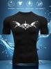 Mens Black Compression Short Sleeve T-Shirt White Tribal Skull With Wings Graphic Breathable Quick Dry High Elasticity Gym And MMA Athletic Top