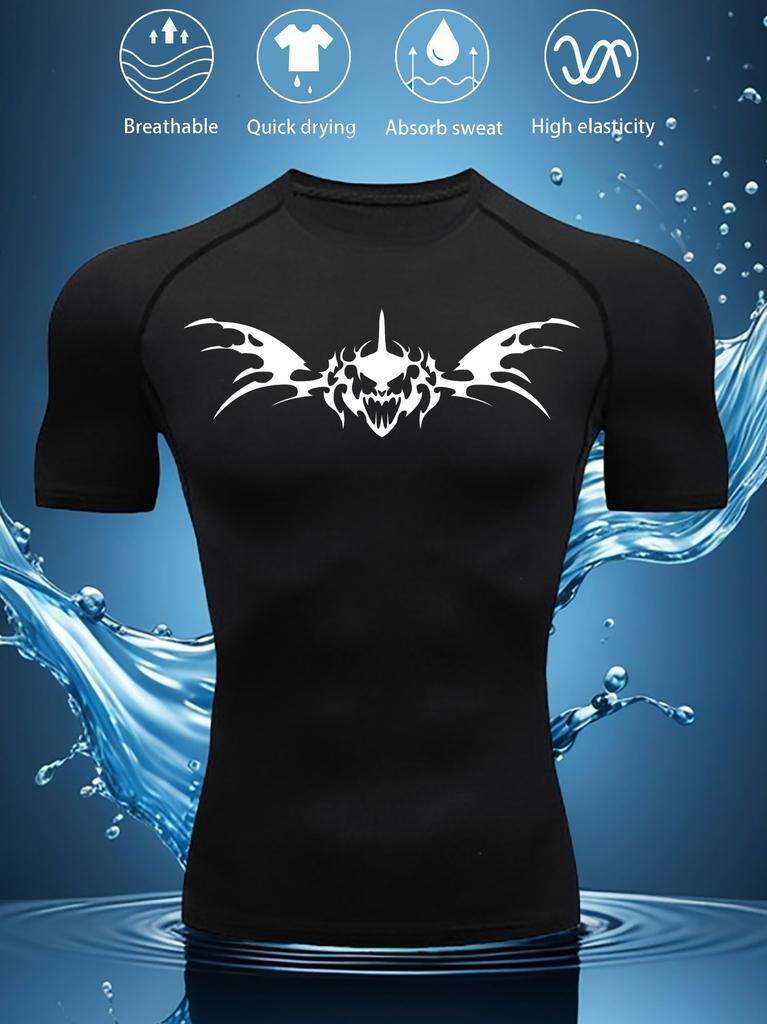Mens Black Compression Short Sleeve T-Shirt White Tribal Skull With Wings Graphic Breathable Quick Dry High Elasticity Gym And MMA Athletic Top