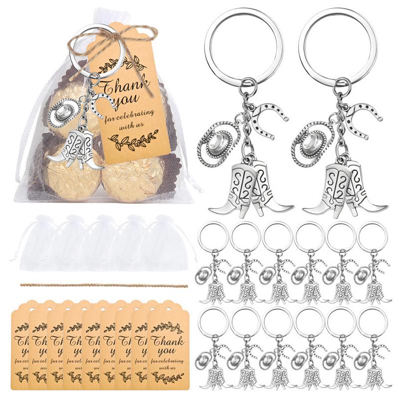 24 Set Cowboy Western Party Favors Cowboy Keychain Hat Boot Horse Shoe Keyring With Organza Bags Thank You Tags And Rope