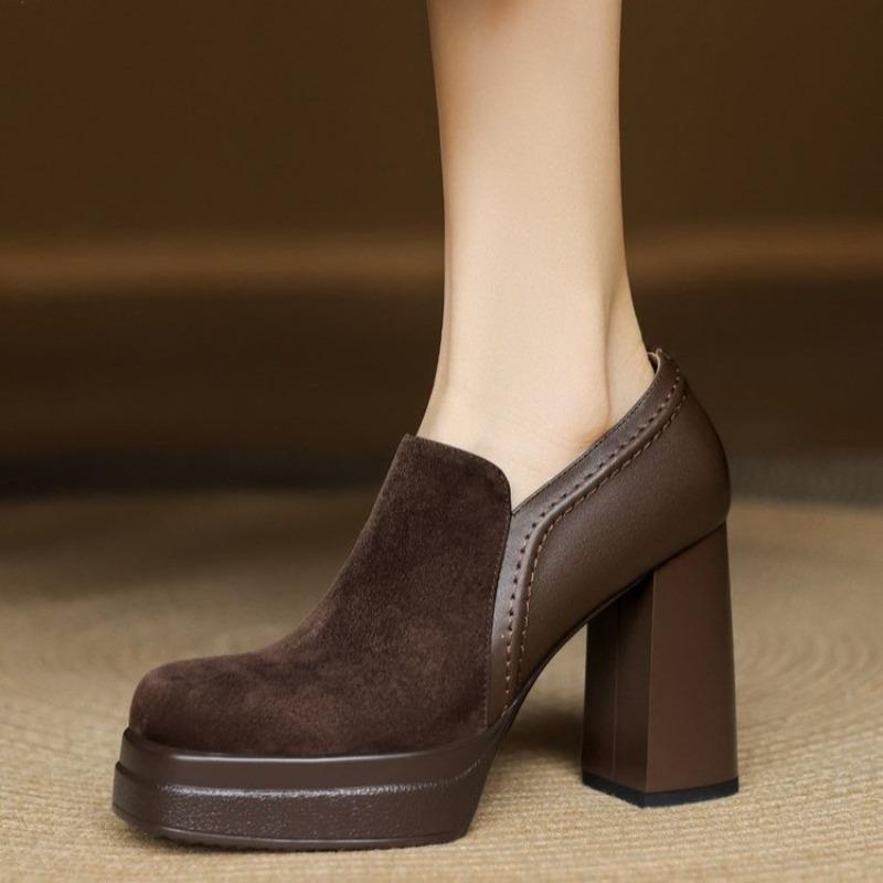 Ретро Глубокий Вырез Скамейка Круглый Носок Толстый Высокий Каблук Женские Платформы Не Устают Ноги Маленькие Однотонные Туфли 39 коричневый