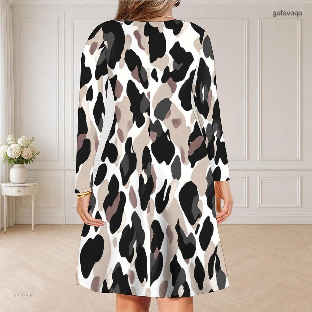 Women Plus Size V Neck Long Sleeve Blue White Printed Curved Hem Dress