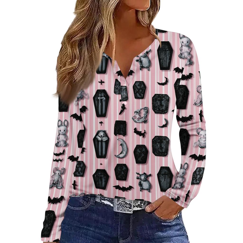 Women's Halloween Print Long Sleeve V-Neck T-Shirt with Decorative Buttons Casual Pullover Top