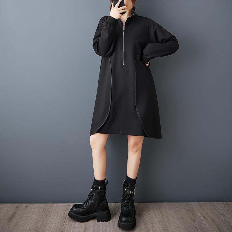 DIMANAF 2025 Women Plus Size Autumn Shirt Dress Loose Casual Oversize Long Sleeve Vintage Dress Black Zipper