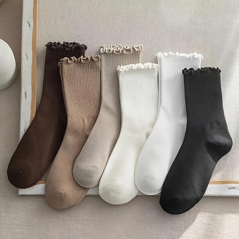 

high quality6pcs Women s Mid-Calf Lace Trim Socks - Versatile & Comfortable, Solid Colors in Polyester and Spandex Blend, Perfect for Casual Attire, One-size