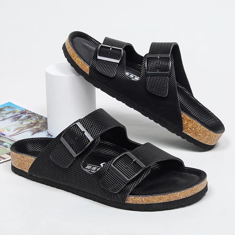 Fashion Thick Sole Men Cork Slippers Summer Casual Double Buckle Non-slip Clogs Slides Slip On Men Leather Beach Vacation Comfort Shoes