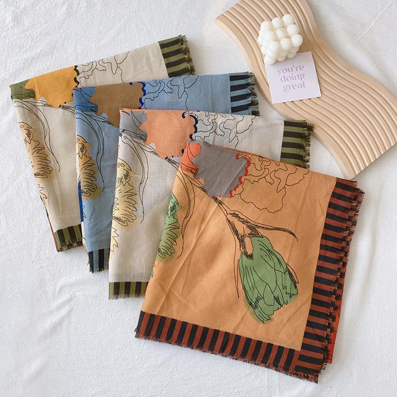 Literary Style Niche Plant Painting Pattern Square Scarf Fashion Trend Shawl Scarf