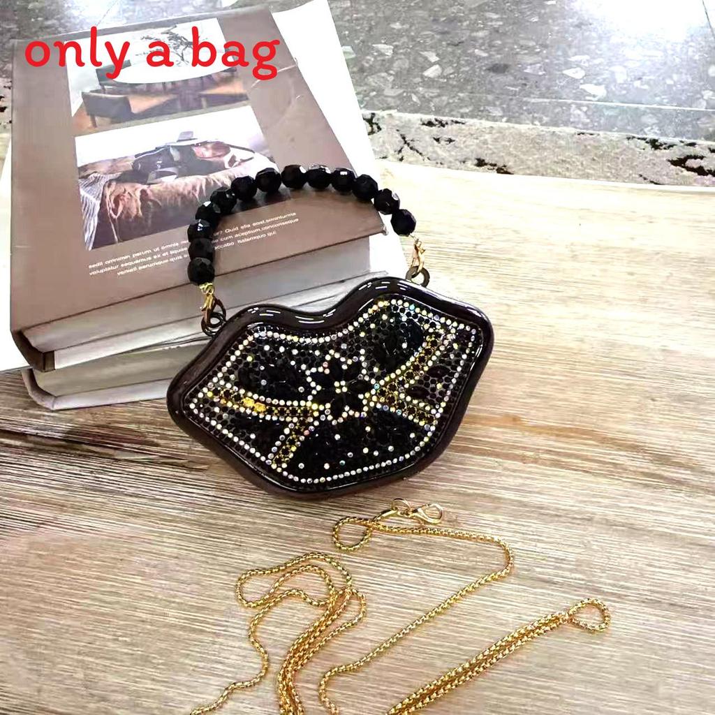 Mini Metal Lip Clutch Bag With Chain And Rhinestones For Evening Parties