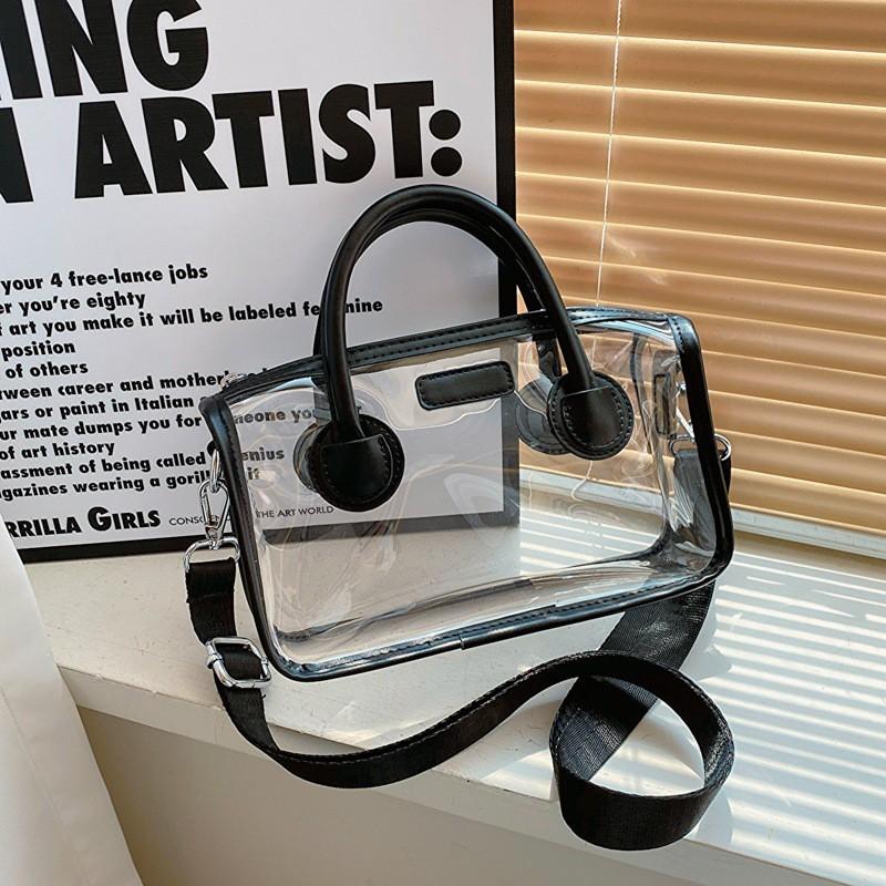 Transparent PVC Jelly Handbag Women Trendy Square Crossbody Bag With Stitching Detail Medium Size Collection