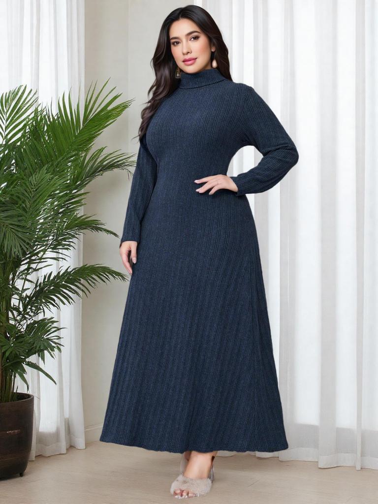 Middle Eastern Style Plus Size Long Sleeve High Neck Slim Fit Elegant Home Dress
