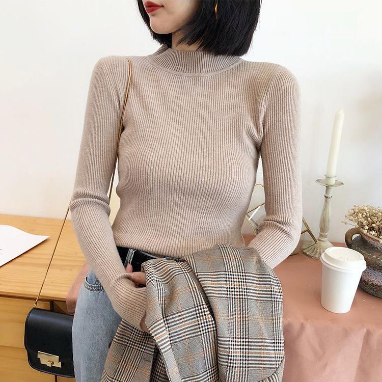 Autumn Winter Women's Stretch Knitted Sweater  Half Turtleneck Jumper Tight Short Knitted Bottoming Shirt Pullover Jumper Knitted Tops