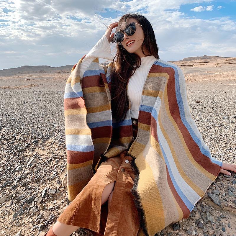 Scarf women's winter outer color matching striped split shawl desert travel photo cape imitation cashmere thickened warm