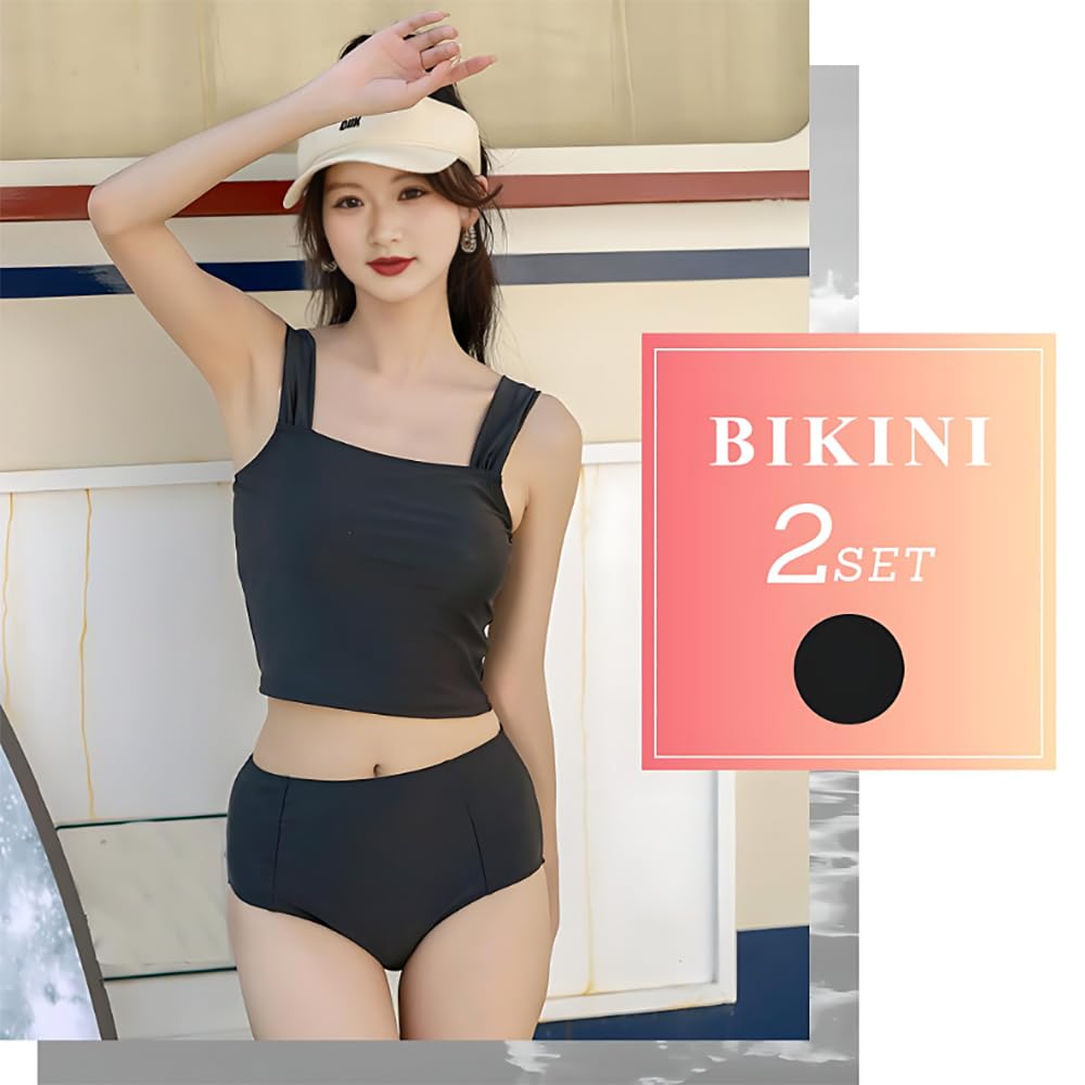 Tankini Full Body Bra Cropped Thick Shoulder High Black [YOUHA] Women's Swimsuit, Coverage, 2-Piece Set, Bikini, Separate, Bustier-Style Bra, Top,