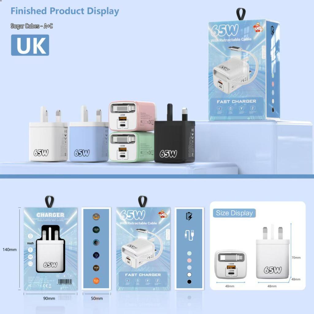 65W PD Fast Charger with Retractable Cable for Apple and Huawei