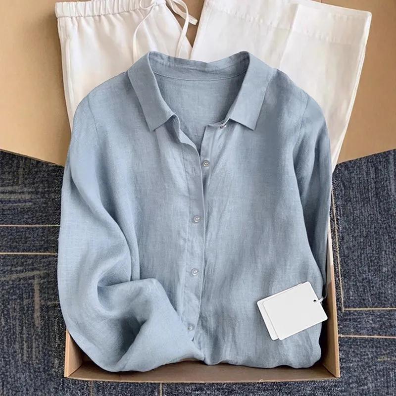 Camicia da donna in lino stile francese per la primavera/estate: Top casual a maniche lunghe in cotone e lino, dalla vestibilità morbida