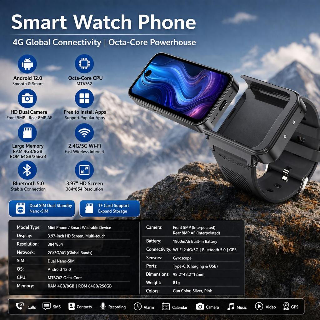 4G Smart Watch Phone UBABAI Android 12 4G Dual SIM 8GB+256GB WIFI GPS