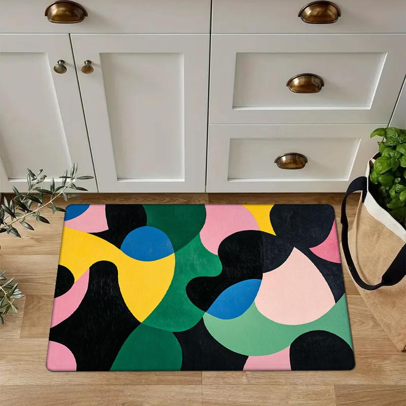 Flannel Thickness 0.47inch - 1pc Abstract Geometric Patchwork Pattern Door Mat, Colorful Irregular Shapes and Lines with Modern