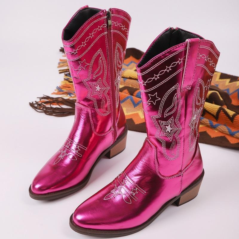 

Новая обувь больших размеров, вышитые ботильоны-рыцари на среднем каблуке с острым носком, ретро обувь на массивном каблуке 38 фиолетовый