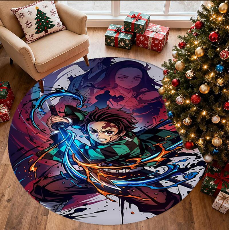 Demon Slayer Pattern Round Rug, Indoor/Outdoor Mat, for Picnic, Gameroom, Bedroom, Office, Living Room, Home Decor Carpet, Birthday Gift