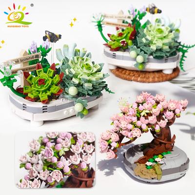 MOC Succulent Cherry Blossoms Plant Potted Micro Building Blocks Small Bricks Flower Flowerpot Ornaments Toys Decor