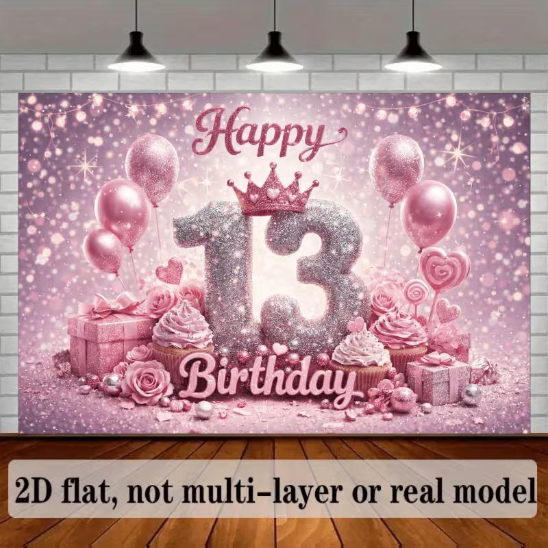 2D Pink Rose & Crown 13th Birthday Photography Background
