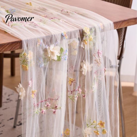 Bridal Shower Table Overlay Lace Embroidery Floral Tablecloth, 3D Flower Tulle Sheer Cover, Seasonal Wrinkle Resistant Tablecloth Colorful Cloth